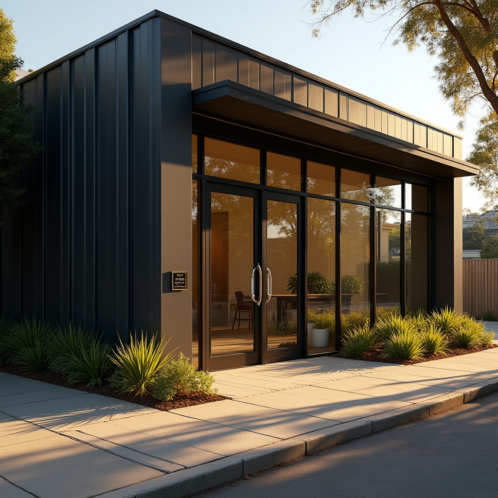 Modern low-rise office building exterior in Williamstown Victoria with glass entrance doors and a small street-facing garden