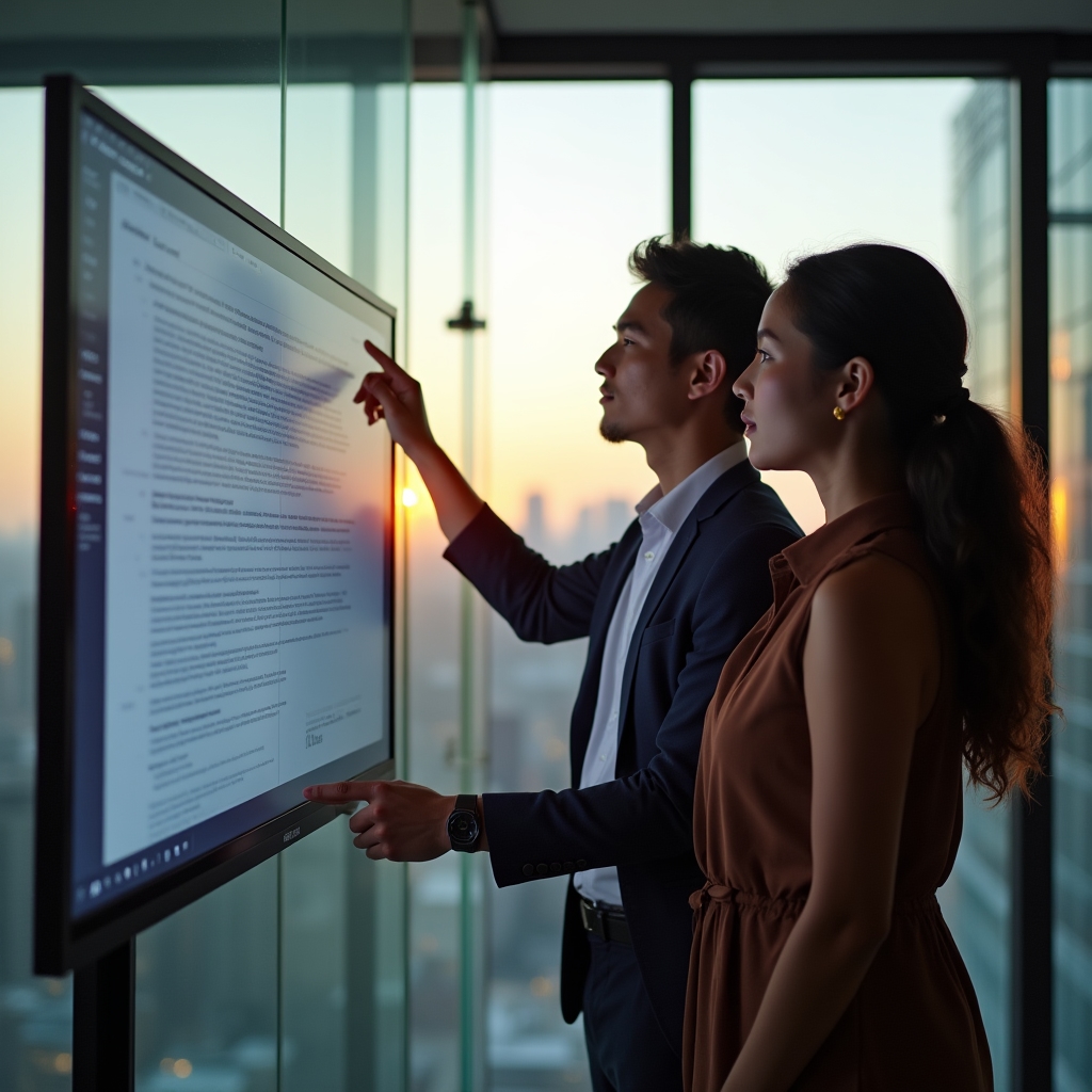 Two colleagues in a modern office reviewing a document on a monitor with a Copilot style AI suggestion panel visible beside the text