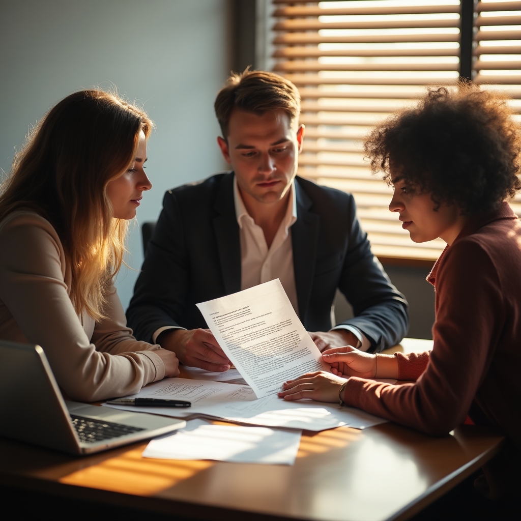 Local council administration team of three colleagues discussing a printed correspondence policy document in a council office meeting room