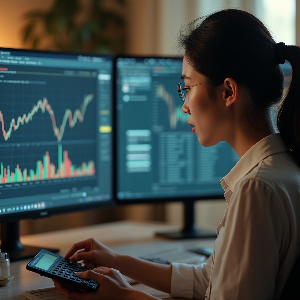 Finance professional in her late twenties reviewing a spreadsheet on a large monitor with an AI chat panel open alongside it