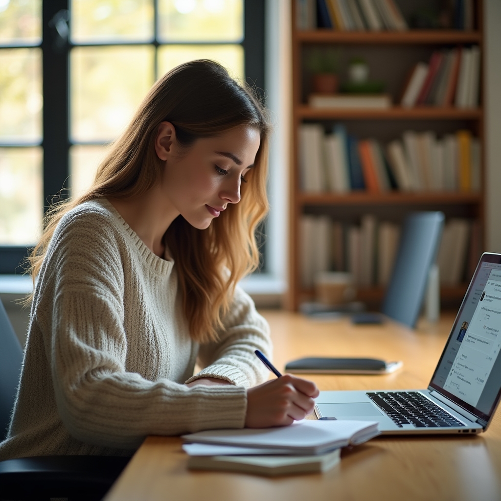 Australian office worker in her early thirties writing notes beside an open laptop showing an AI chat interface, natural window light
