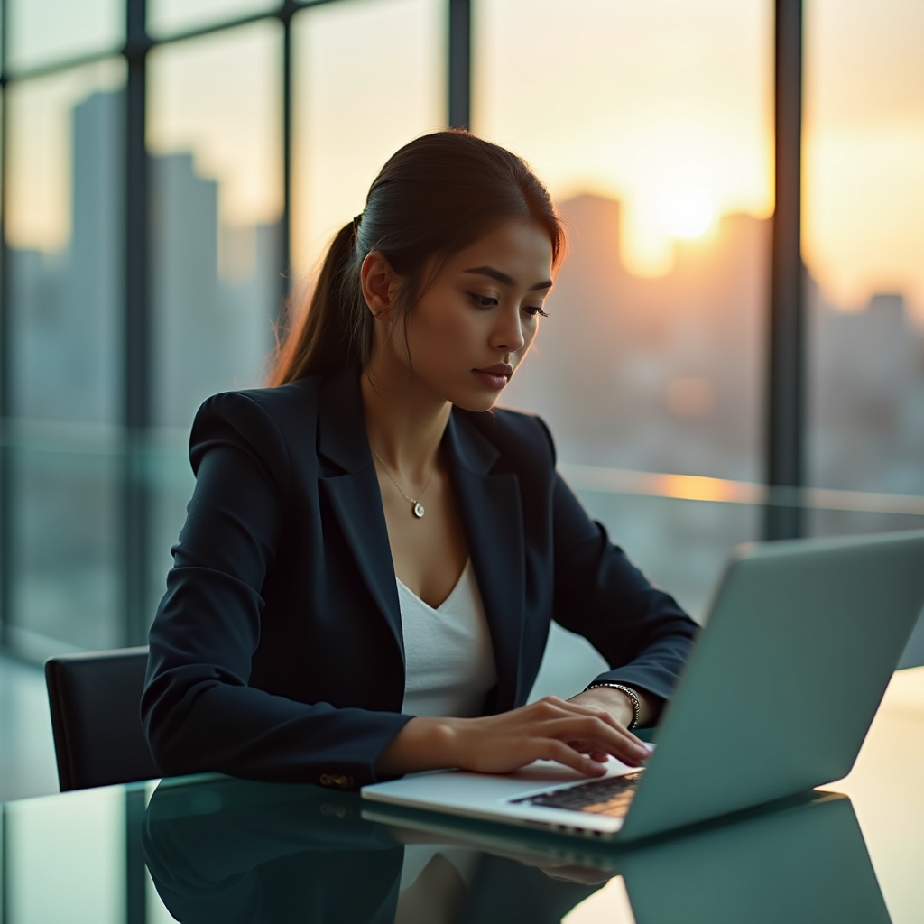 Australian professional in a glass office reviewing an AI chat interface on a laptop screen with a focused expression