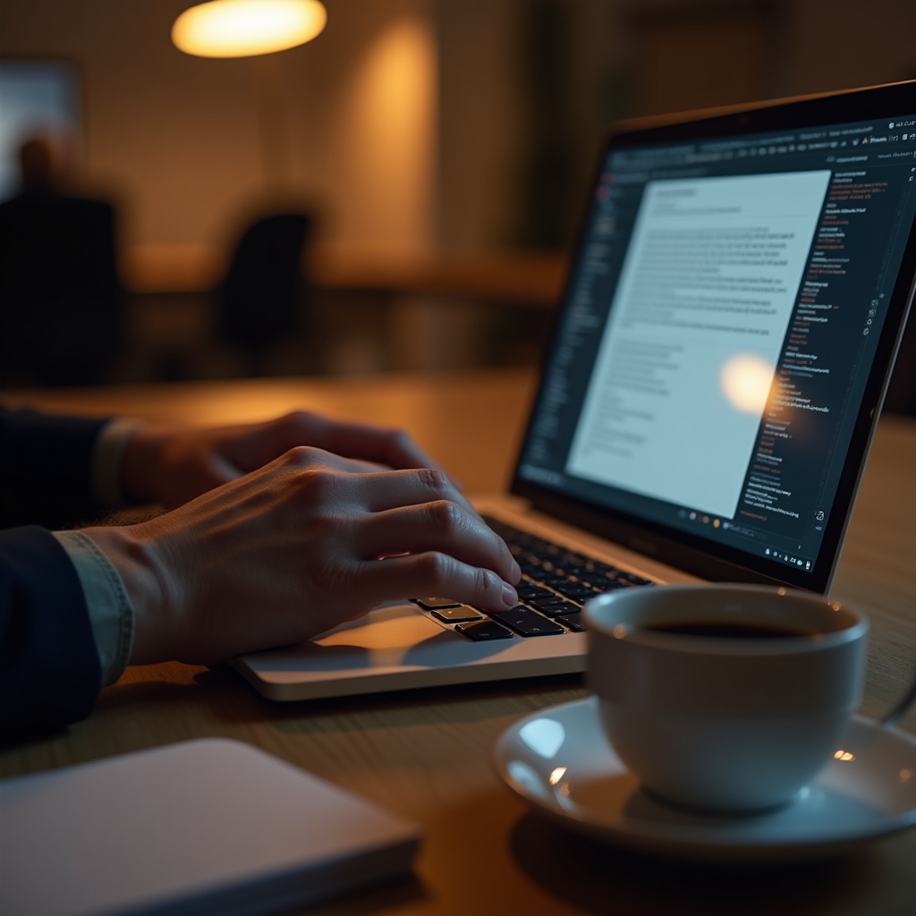 Close-up of a professional's hands typing a detailed prompt into an AI chat window on a laptop at a wooden desk