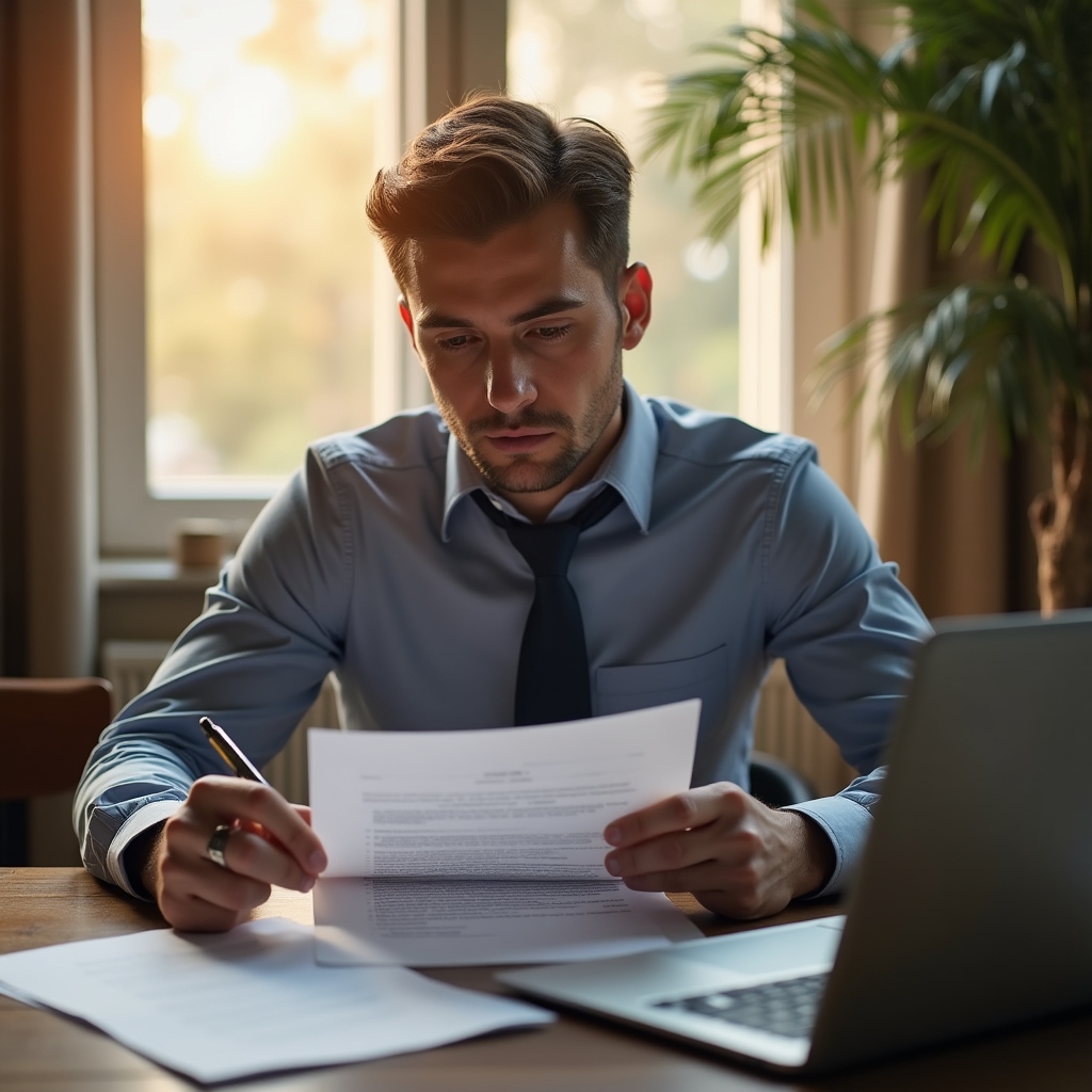 Legal professional in his early thirties reading a printed contract with a laptop open beside him showing an AI summary of clauses