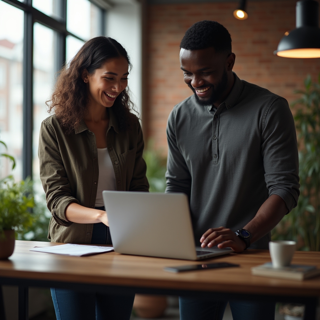 Marketing team of two colleagues collaborating around a laptop displaying draft social media copy generated with AI assistance