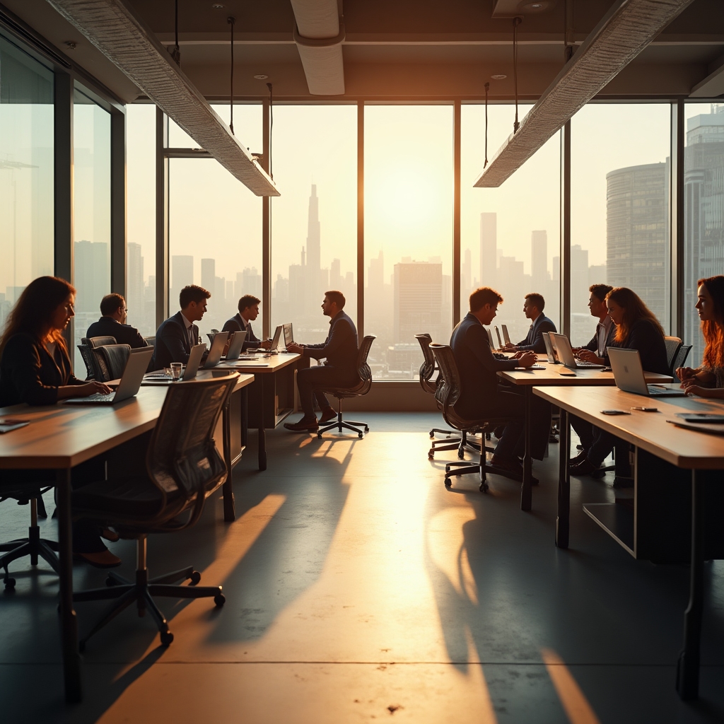 Wide shot of a modern open-plan office with several professionals working at laptops near floor-to-ceiling windows overlooking a city skyline