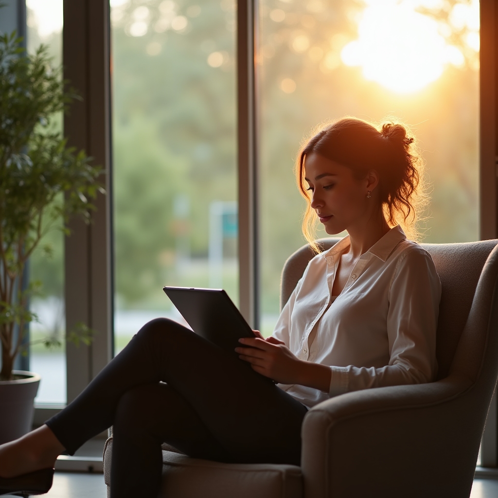 Professional woman in her late twenties reading an email newsletter on a tablet while seated near a window with soft afternoon light